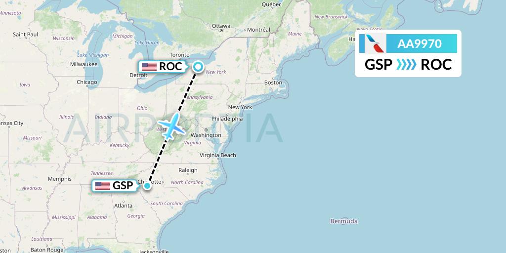 AA9970 American Airlines Flight Map: Greenville-Spartanburg to Rochester