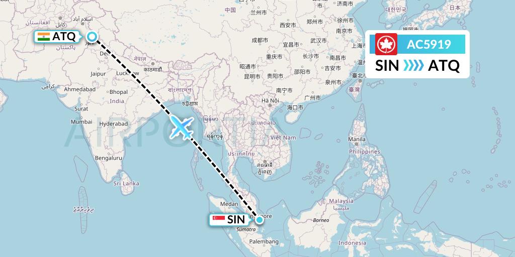 AC5919 Air Canada Flight Map: Singapore to Amritsar