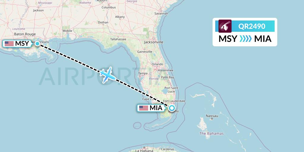 QR2490 Qatar Airways Flight Map: New Orleans to Miami