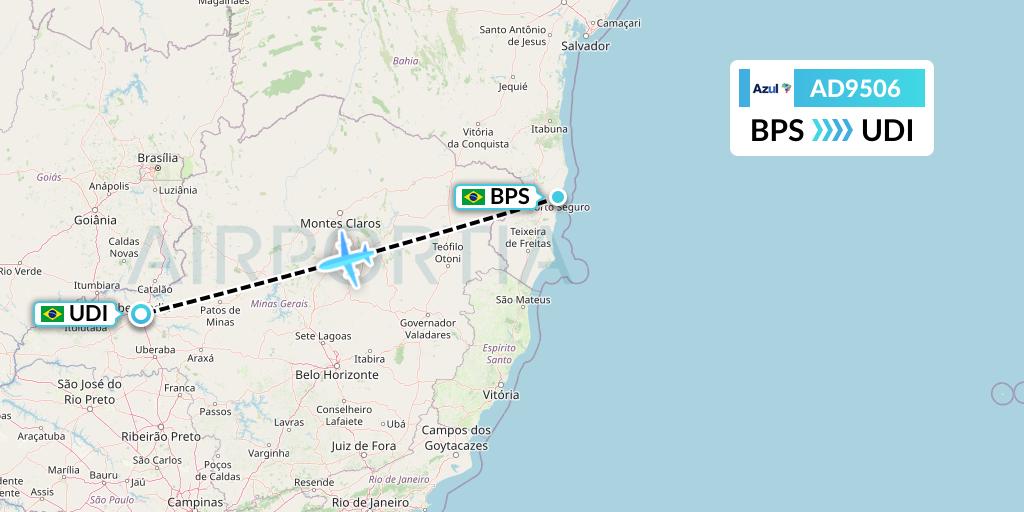 AD9506 Azul Brazilian Airlines Flight Map: Porto Seguro to Uberlandia
