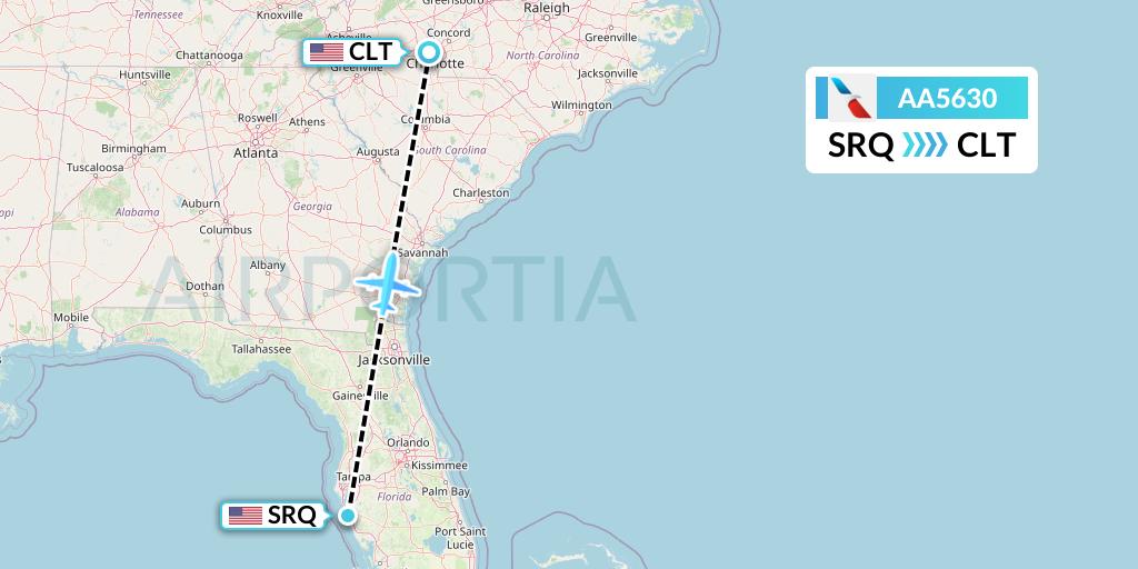 AA5630 American Airlines Flight Map: Sarasota to Charlotte