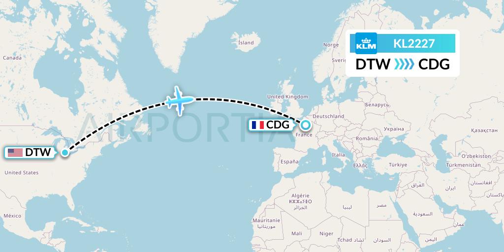 KL2227 KLM Flight Map: Detroit to Paris