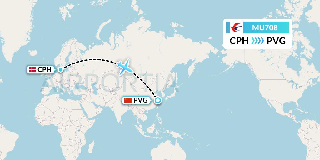 MU708 China Eastern Airlines Flight Map: Copenhagen to Shanghai