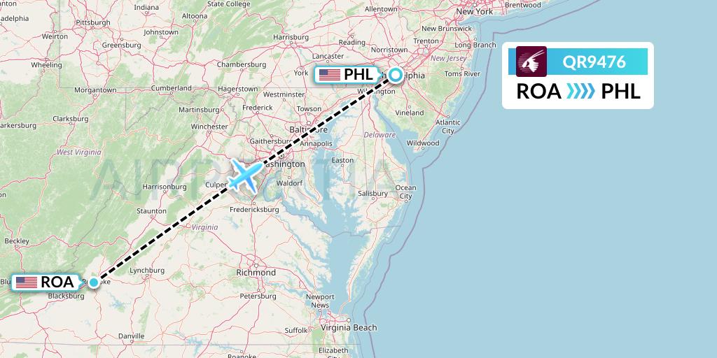 QR9476 Qatar Airways Flight Map: Roanoke to Philadelphia