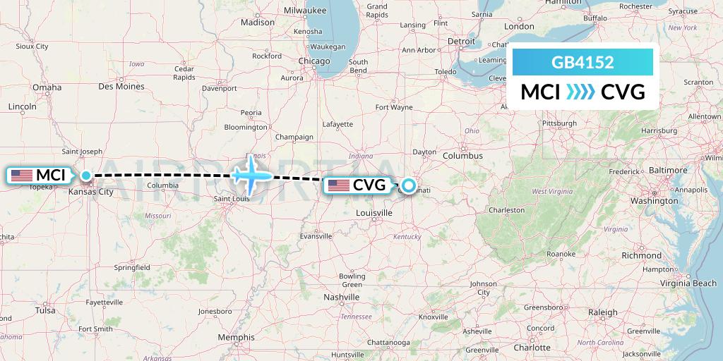 GB4152 ABX Air Flight Map: Kansas City to Cincinnati