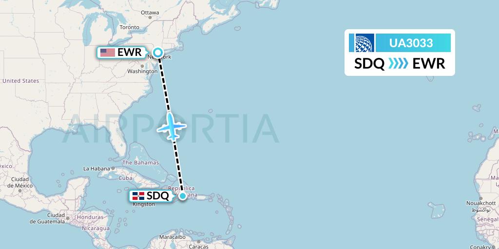 UA3033 United Airlines Flight Map: Santo Domingo to New York
