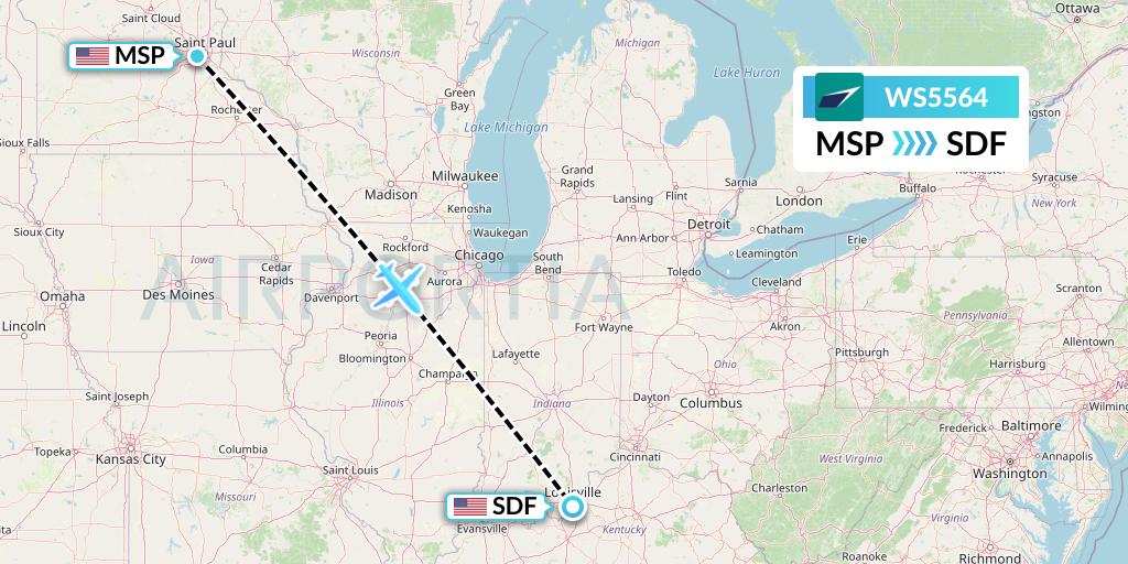 WS5564 WestJet Flight Map: Minneapolis to Louisville