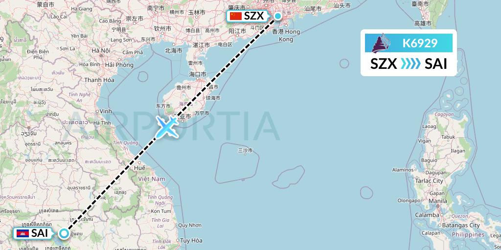 K6929 Cambodia Angkor Air Flight Map: Shenzhen to Siem Reap