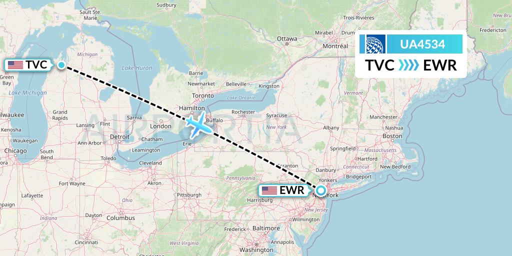 UA4534 United Airlines Flight Map: Traverse City to New York