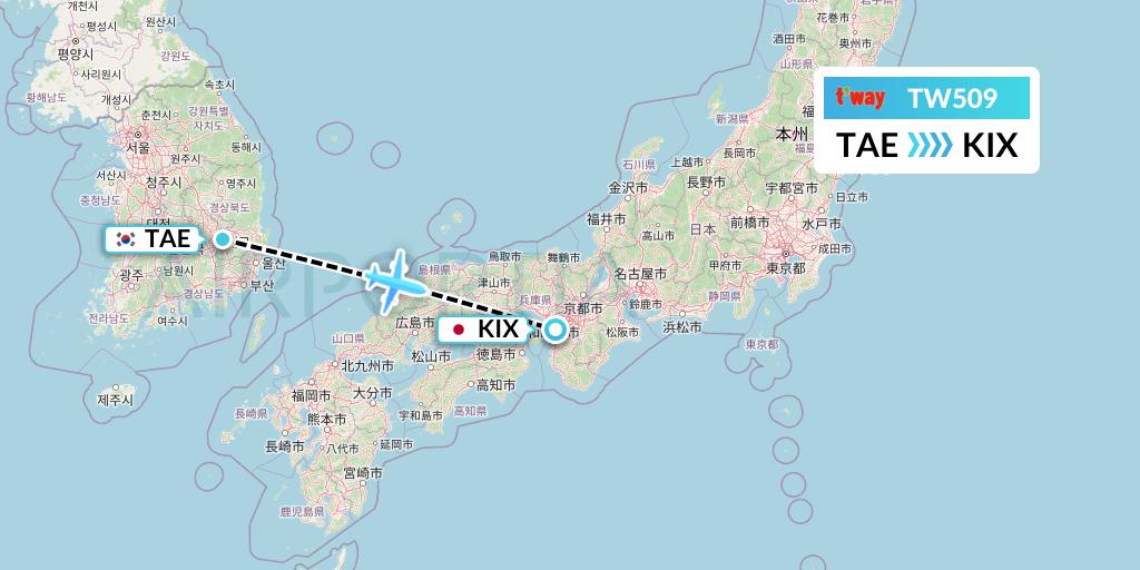 TW509 T'way Air Flight Map: Daegu to Osaka