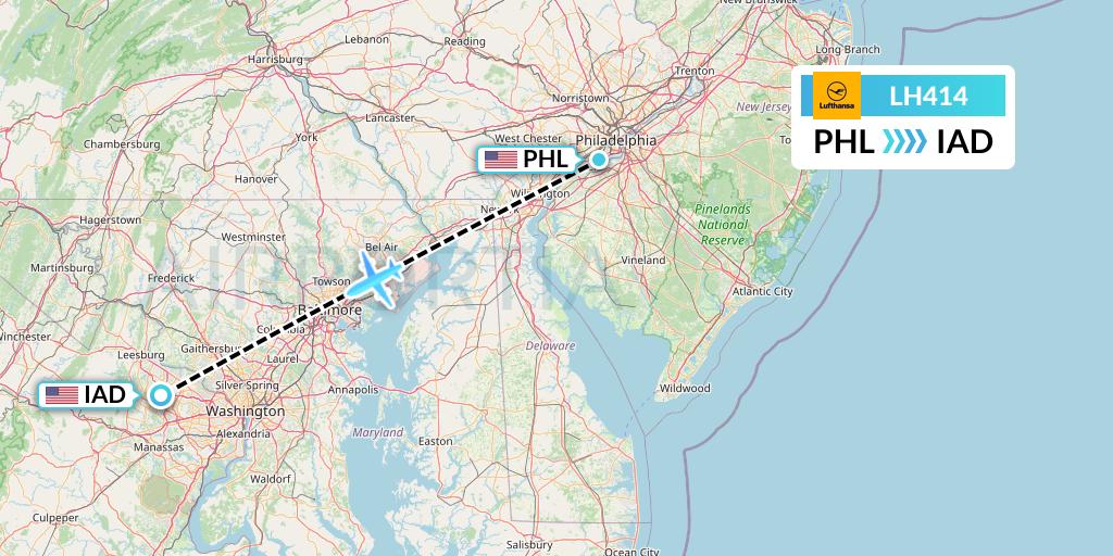LH414 Lufthansa Flight Map: Philadelphia to Washington
