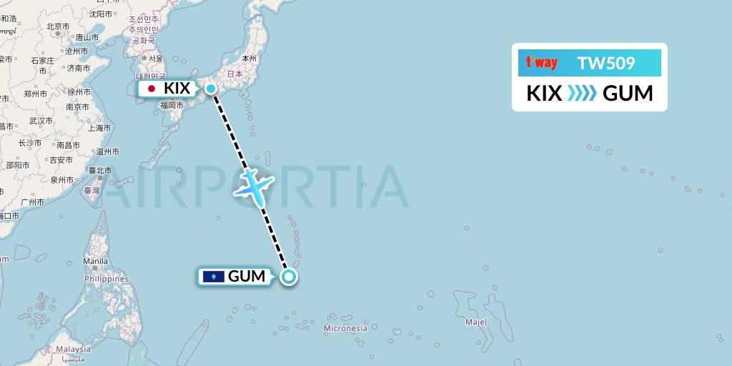 TW509 T'way Air Flight Map: Osaka to Guam
