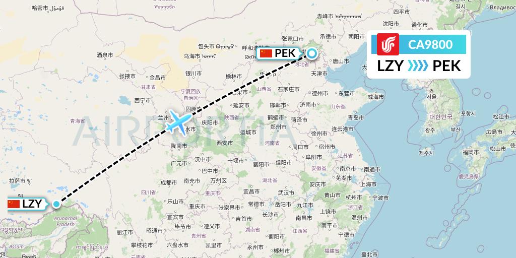 CA9800 Air China Flight Map: Nyingchi to Beijing