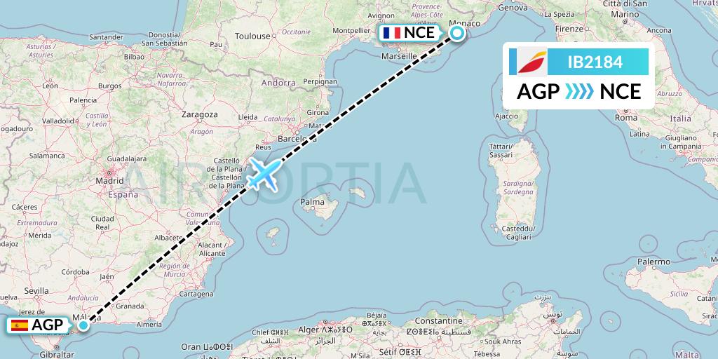 IB2184 Iberia Flight Map: Malaga to Nice