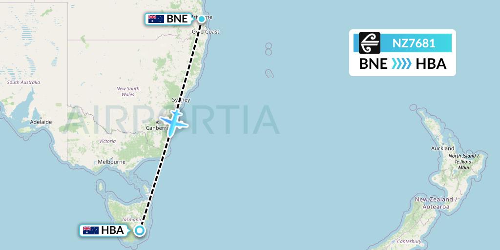 NZ7681 Air New Zealand Flight Map: Brisbane to Hobart