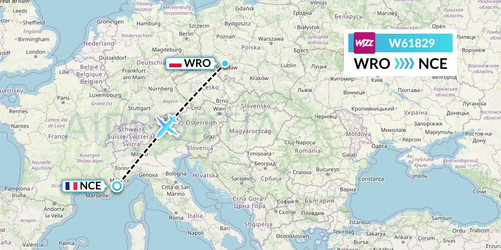 W61829 Wizz Air Flight Map: Wroclaw to Nice