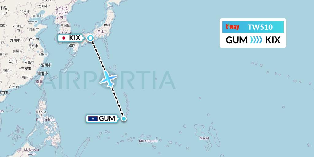 TW510 T'way Air Flight Map: Guam to Osaka