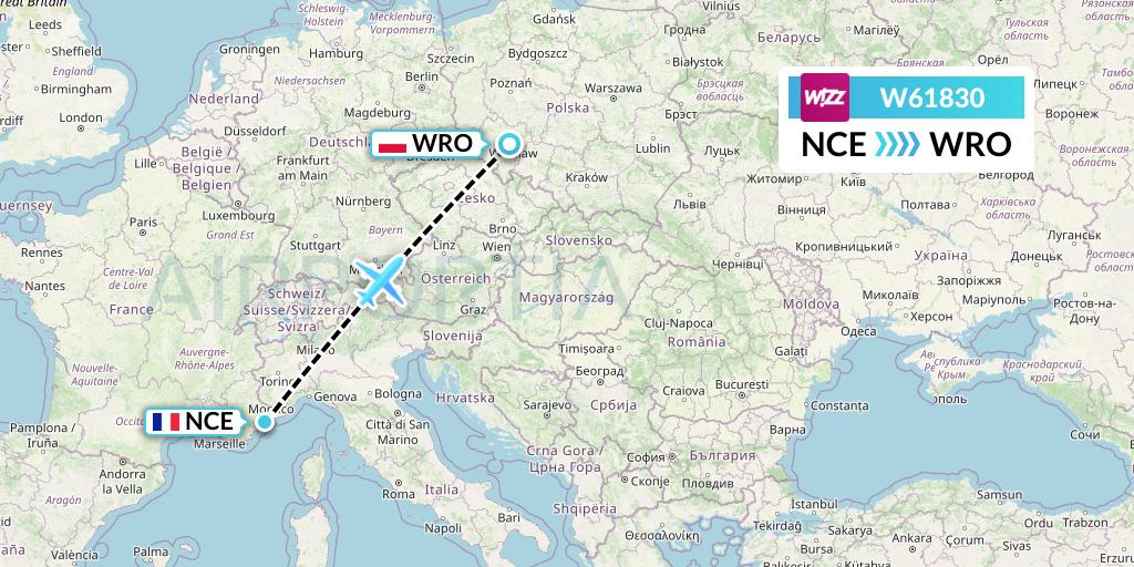 W61830 Wizz Air Flight Map: Nice to Wroclaw