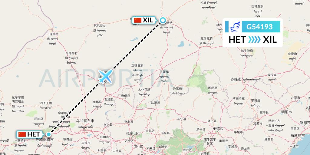 G54193 China Express Airlines Flight Map: Hohhot to Xilinhot