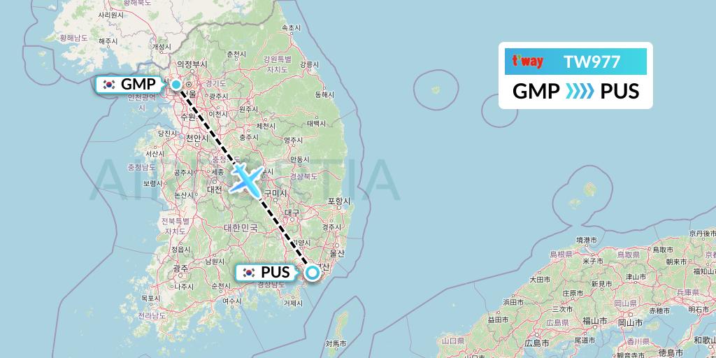 TW977 T'way Air Flight Map: Seoul to Busan