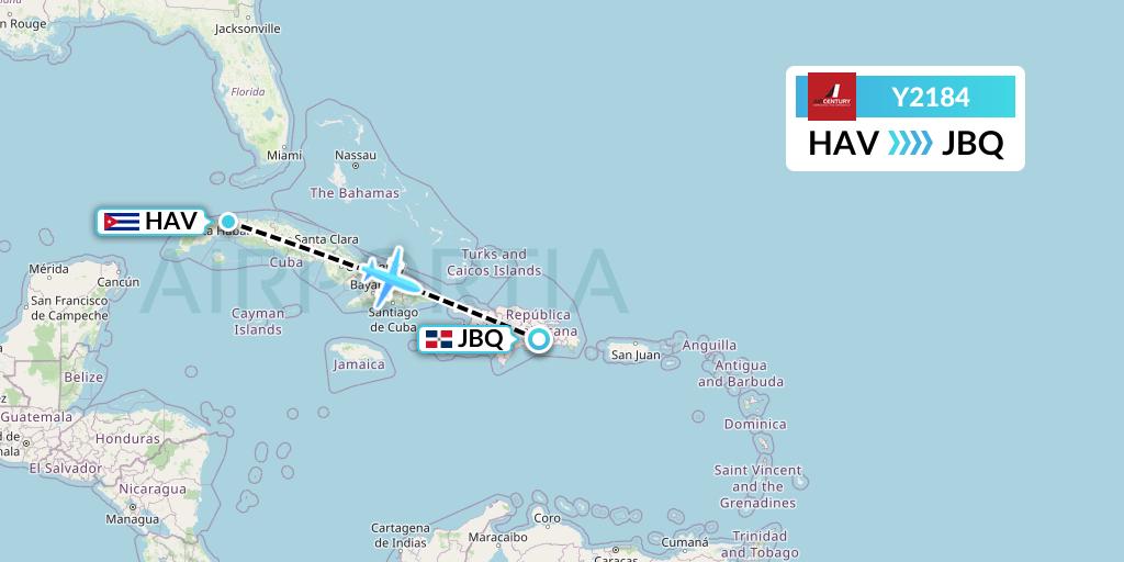 Y2184 Air Century Flight Map: Havana to Santo Domingo