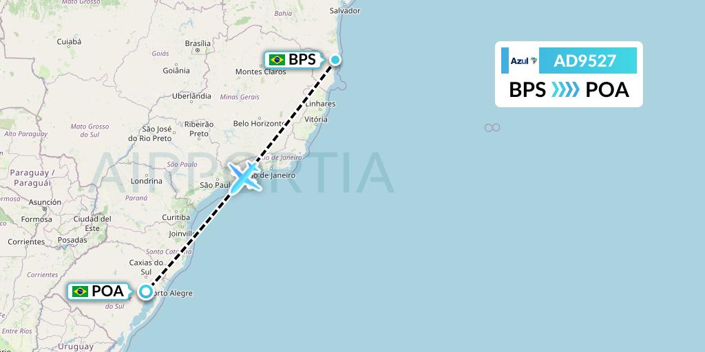 AD9527 Azul Brazilian Airlines Flight Map: Porto Seguro to Porto Alegre