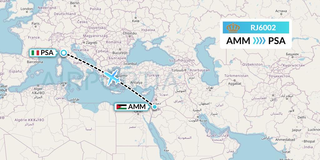 RJ6002 Royal Jordanian Flight Map: Amman to Pisa