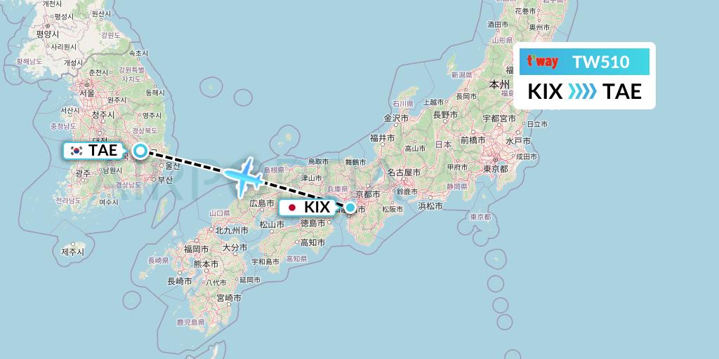 TW510 T'way Air Flight Map: Osaka to Daegu