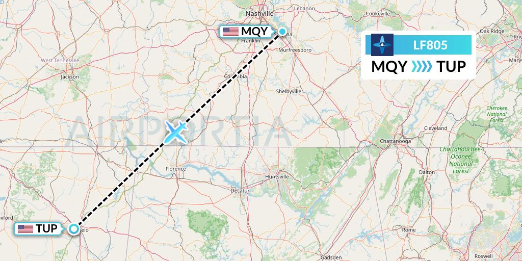 LF805 Corporate Flight Management Flight Map: Smyrna to Tupelo