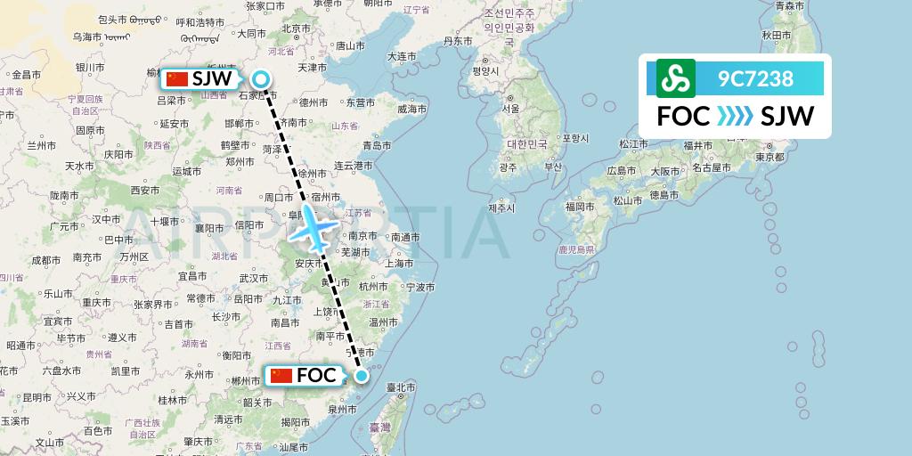 9C7238 Spring Airlines Flight Map: Fuzhou to Shijiazhuang