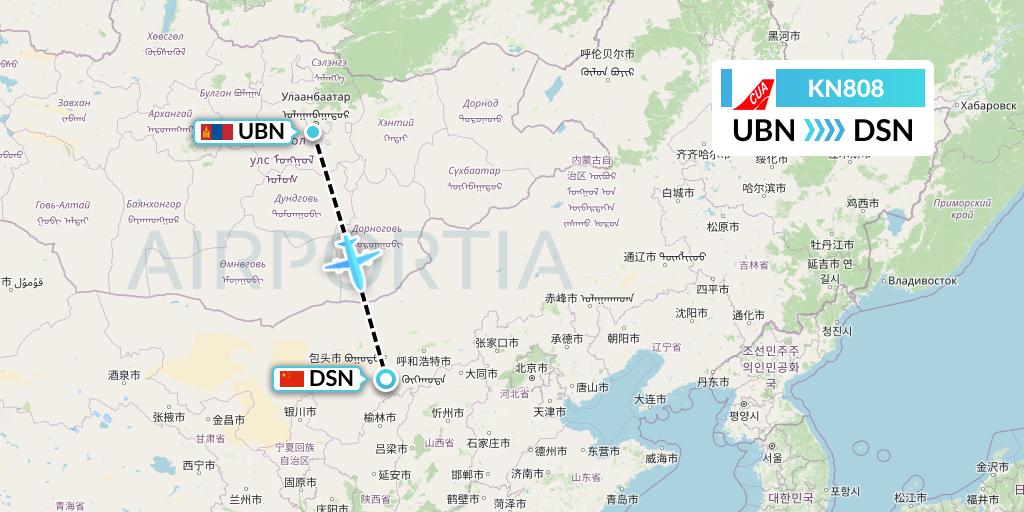 KN808 China United Airlines Flight Map: Ulan Bator to Dongsheng