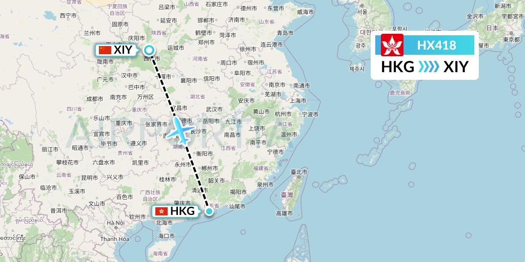 HX418 Hong Kong Airlines Flight Map: Hong Kong to Xi'an