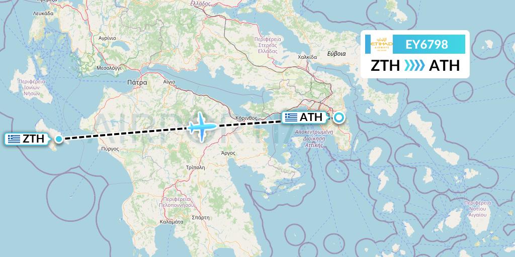 EY6798 Etihad Airways Flight Map: Zakynthos to Athens