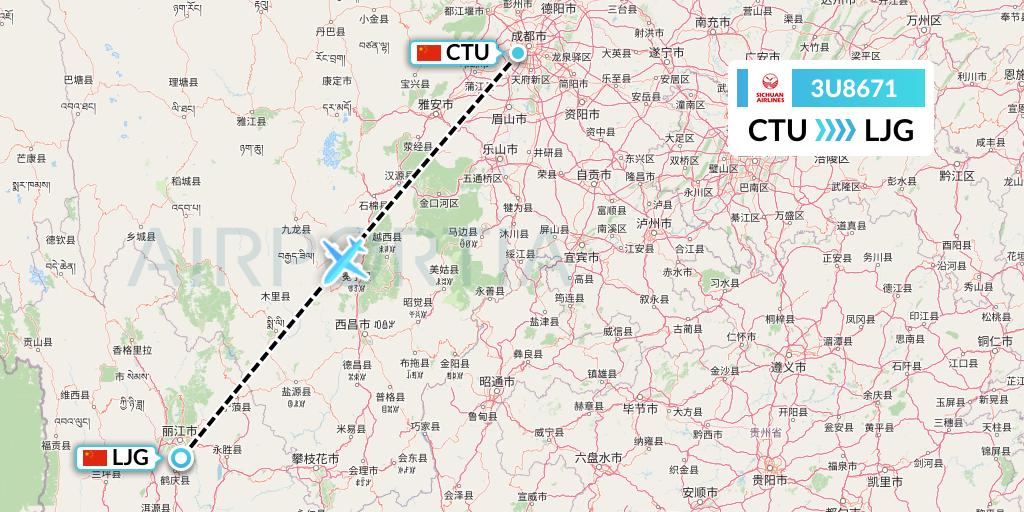 3U8671 Sichuan Airlines Flight Map: Chengdu to Lijiang