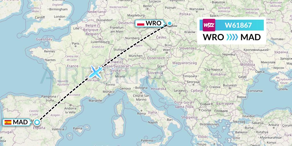 W61867 Wizz Air Flight Map: Wroclaw to Madrid