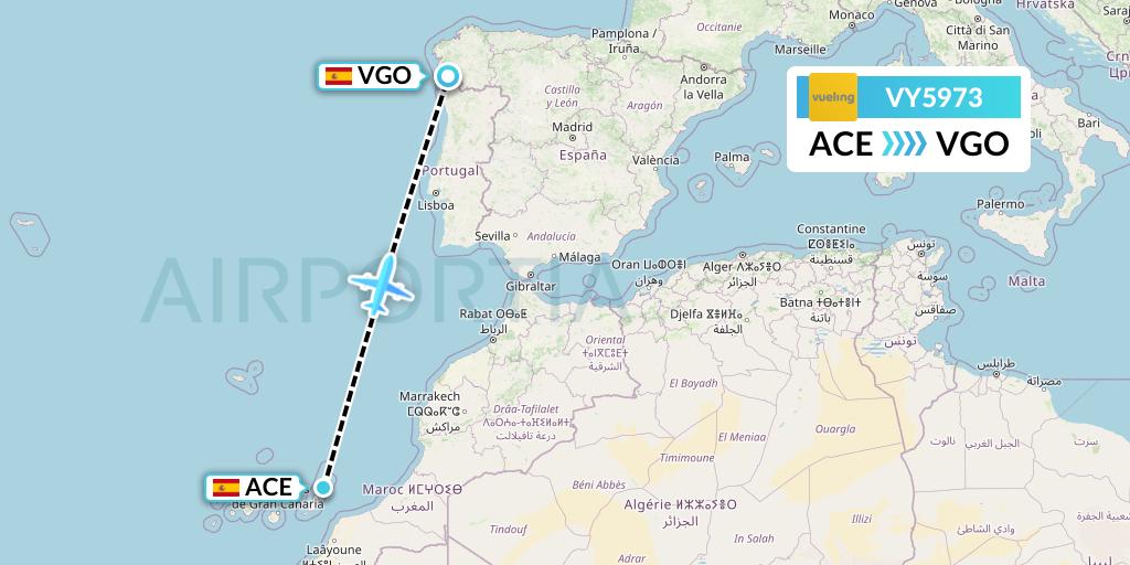 VY5973 Vueling Flight Map: Lanzarote to Vigo