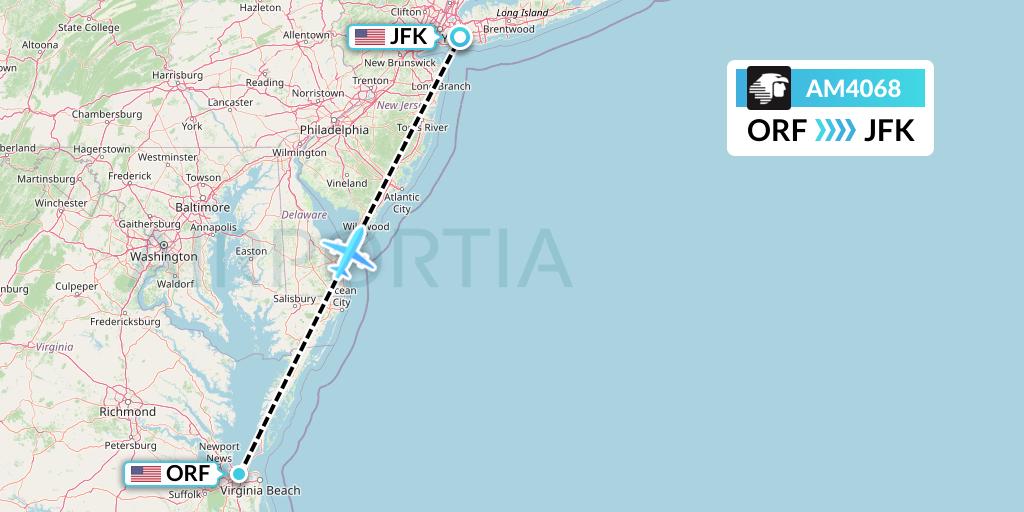 AM4068 Aeromexico Flight Map: Norfolk to New York