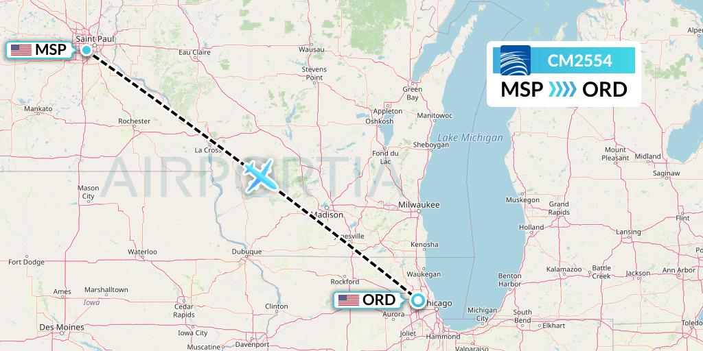 CM2554 Copa Airlines Flight Map: Minneapolis to Chicago