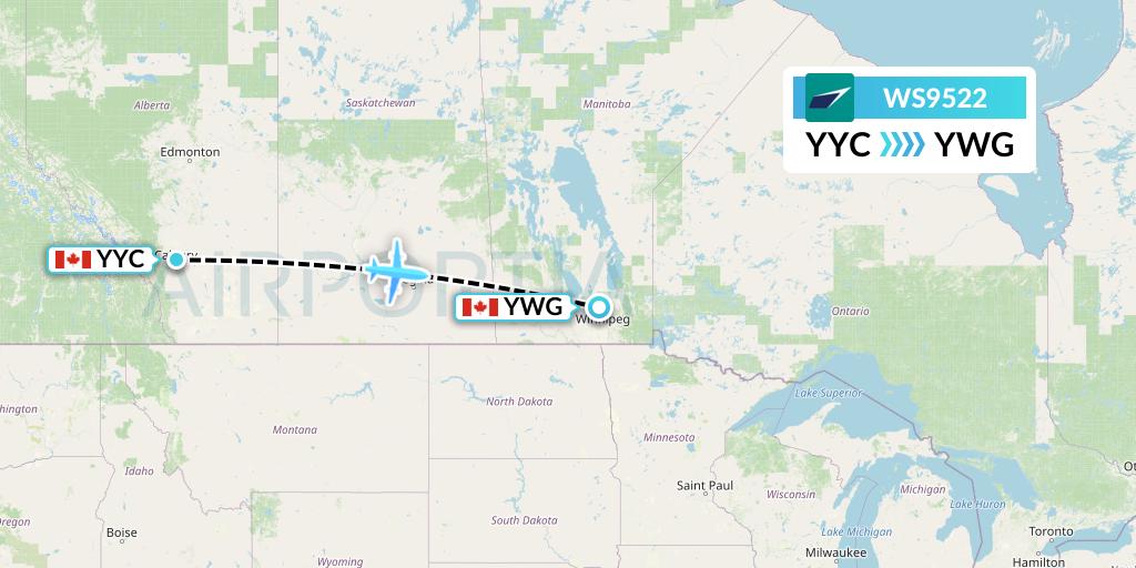 WS9522 WestJet Flight Map: Calgary to Winnipeg