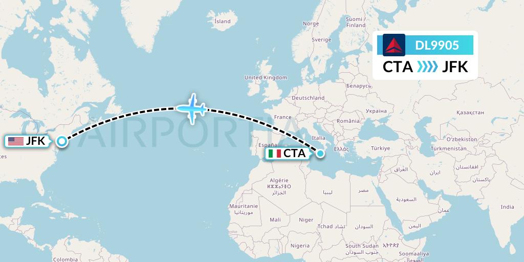 DL9905 Delta Air Lines Flight Map: Catania to New York