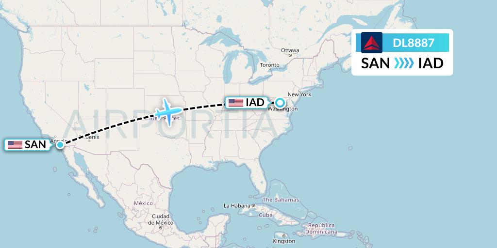 DL8887 Delta Air Lines Flight Map: San Diego to Washington