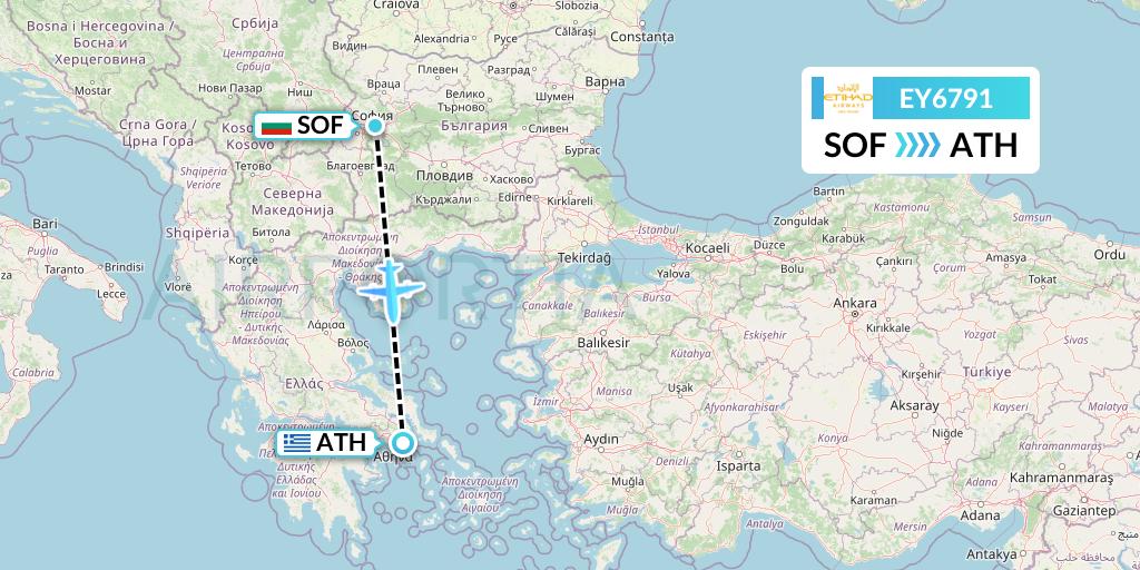 EY6791 Etihad Airways Flight Map: Sofia to Athens