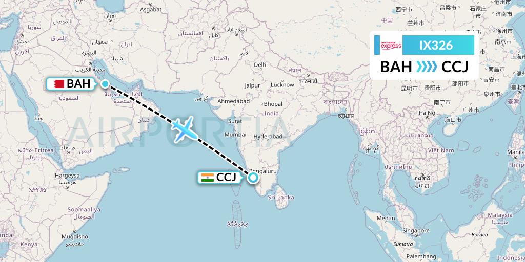 IX326 Air India Express Flight Map: Bahrain to Kozhikode