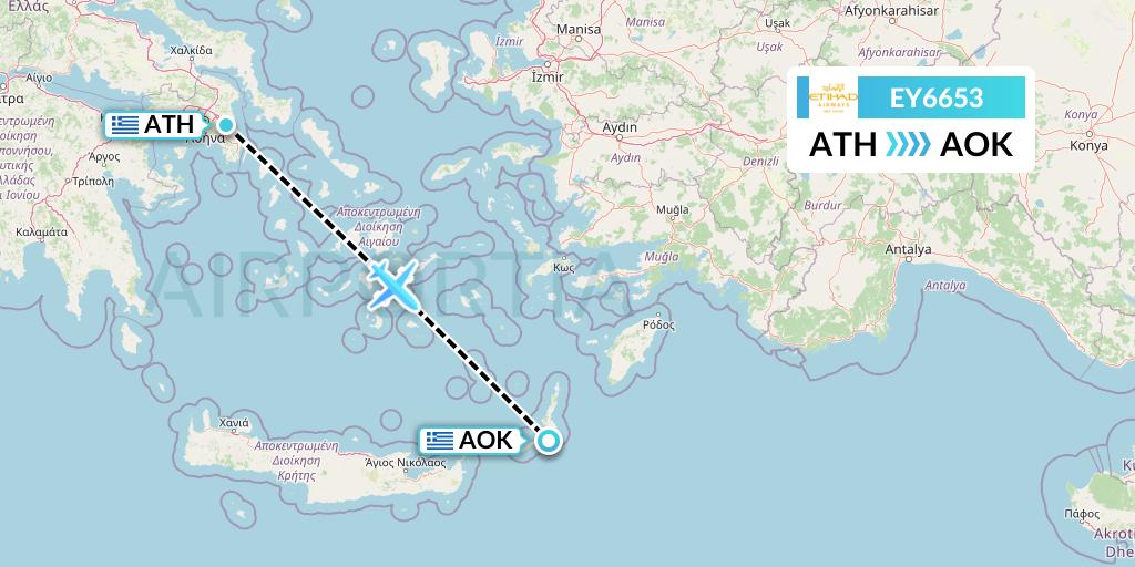 EY6653 Etihad Airways Flight Map: Athens to Karpathos
