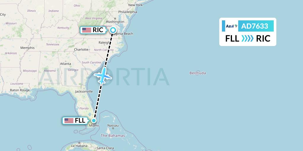 AD7633 Azul Brazilian Airlines Flight Map: Fort Lauderdale to Richmond