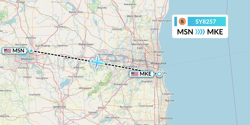 SY8257 Sun Country Airlines Flight Map: Madison to Milwaukee