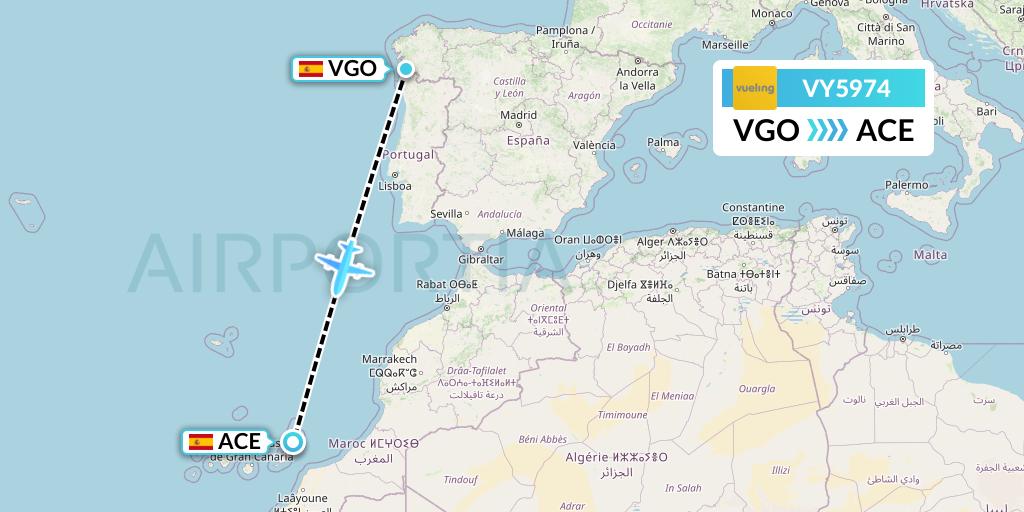VY5974 Vueling Flight Map: Vigo to Lanzarote