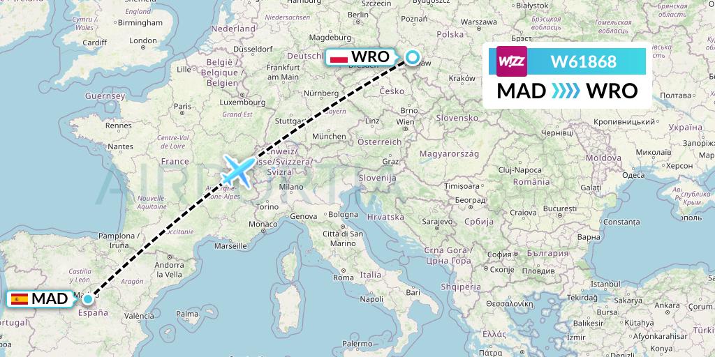 W61868 Wizz Air Flight Map: Madrid to Wroclaw