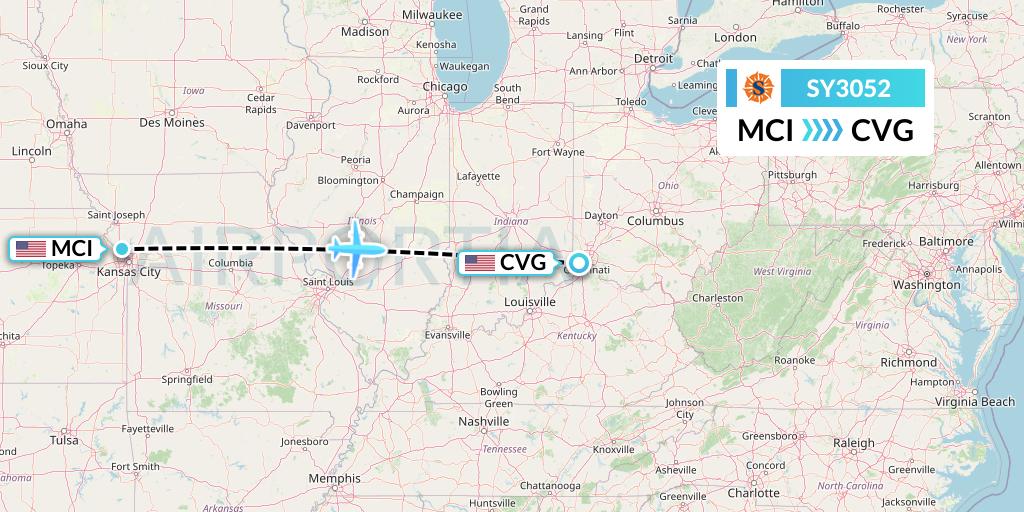 SY3052 Sun Country Airlines Flight Map: Kansas City to Cincinnati