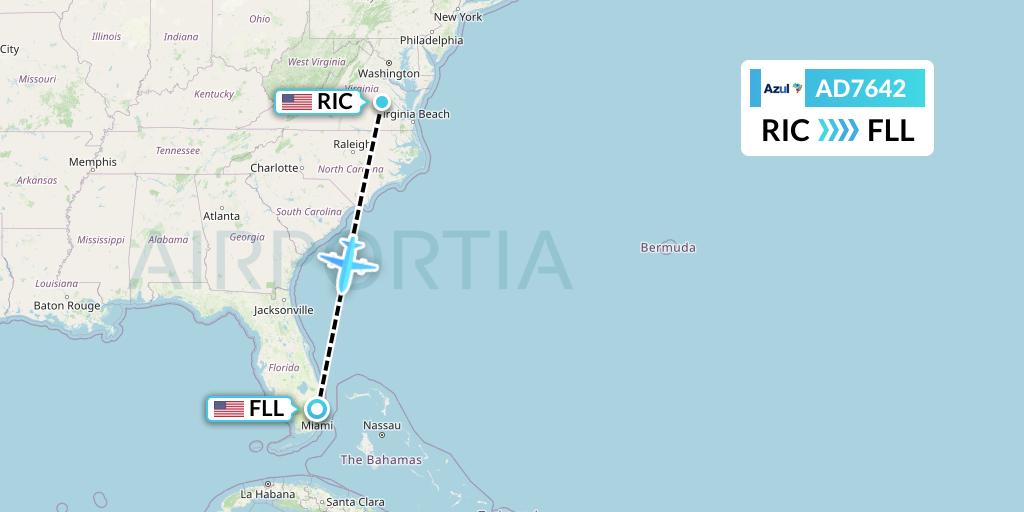 AD7642 Azul Brazilian Airlines Flight Map: Richmond to Fort Lauderdale